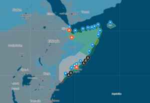 Somalia Tour from Mogadishu of the Entire Nation with a Serious Security Force (All Regions) The map shows Somalia and its neighboring countries in East Africa, with markers indicating locations, some of which are marked with skull and crossbones, indicating pirate activity.