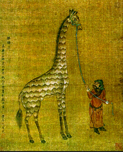 A painting of a giraffe being led by a man wearing a green hat and a red robe.
