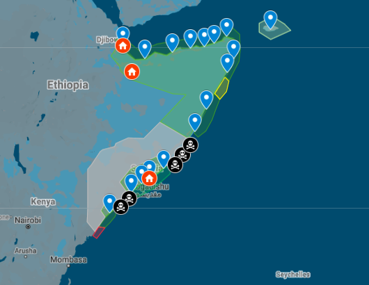 The map shows Somalia and surrounding areas, with location markers indicating cities, potential safe houses, and piracy incidents along the coast.