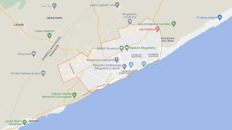 This image shows a map of Mogadishu, Somalia, with labeled areas including universities, stadiums, beaches, hospitals, cemeteries, and airports, highlighting key locations and infrastructure.